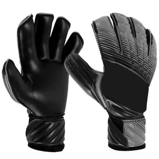 Professional Customizable Goalkeeper Gloves manufactured by Xlitewear with high-grip latex palm and durable PU backhand, featuring Grey and black design.