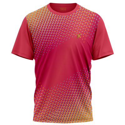 Front and back view of Custom Logo Shirt in red with sublimated pattern – manufactured by XliteWear