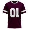 Maroon sports t-shirt with white number 01, custom logo design by Xlitewear