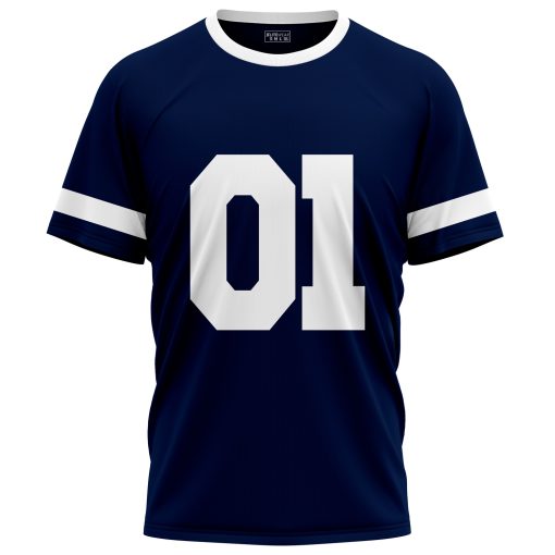 Navy blue custom sports T-shirt with white number 01 on front
