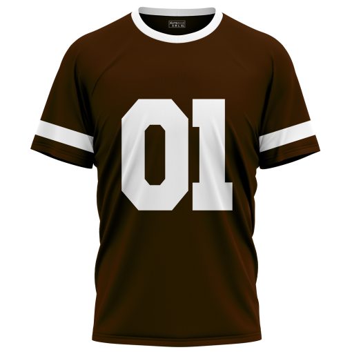 Brown sports T-shirt with white number 01 and sleeve stripes