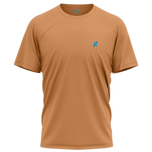 Camel brown polyester T-shirt with chest logo – OEM-ready by XliteWear
