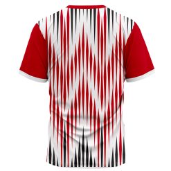 Back view of Player #15 custom t-shirt with red, black, and white pattern by XLITEWEAR – Short Sleeve Shirt Manufacturer