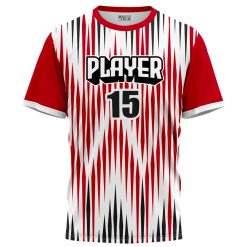 Player #15 red t-shirt with bold pattern and text by Short Sleeve Shirt Manufacturer XLITEWEAR