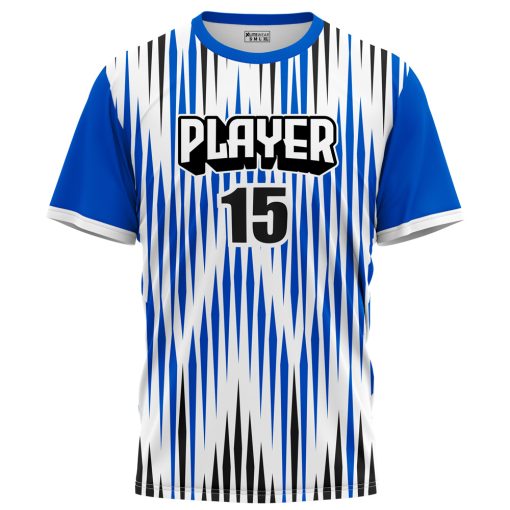 Player #15 blue t-shirt front with jagged pattern by XLITEWEAR – Short Sleeve Shirt Manufacturer