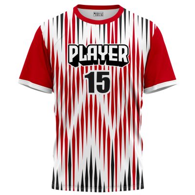 Player #15 red t-shirt with bold pattern and text by Short Sleeve Shirt Manufacturer XLITEWEAR