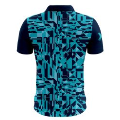 Back of teal and navy sublimated polo shirt by branded polo supplier XLITEWEAR