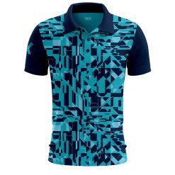 Front of branded geometric polo shirt in teal and navy – XLITEWEAR