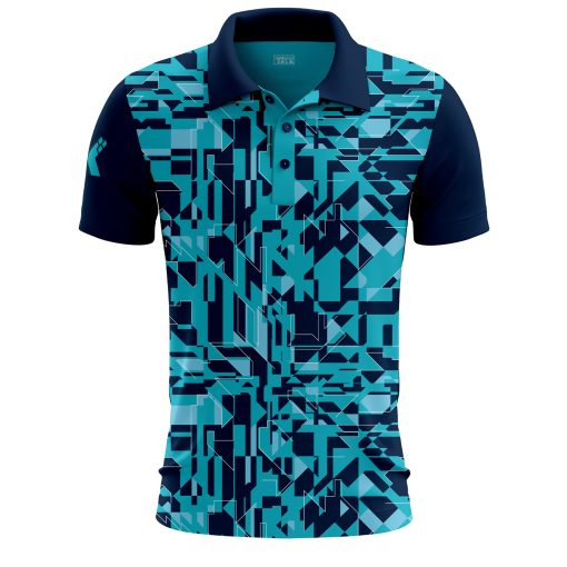 Front of branded geometric polo shirt in teal and navy – XLITEWEAR