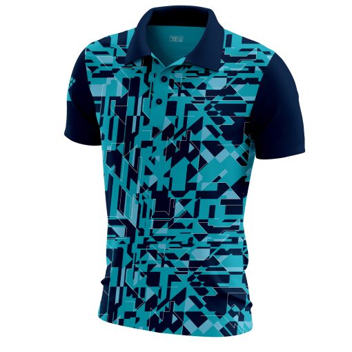 Side view A of branded sublimated polo shirt with sleeve logo