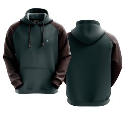 Custom fleece hoodie in green with black sleeves and adjustable hood