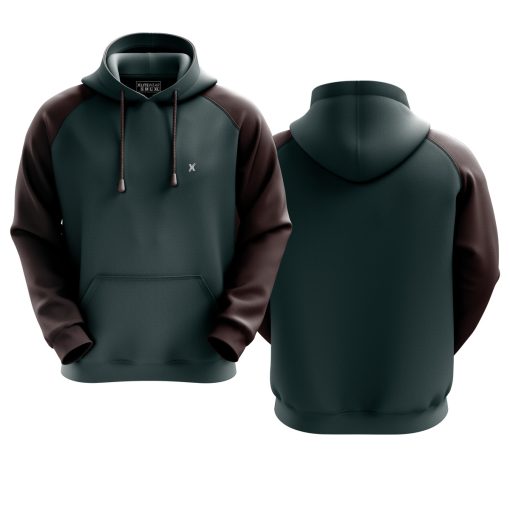 Custom fleece hoodie in green with black sleeves and adjustable hood