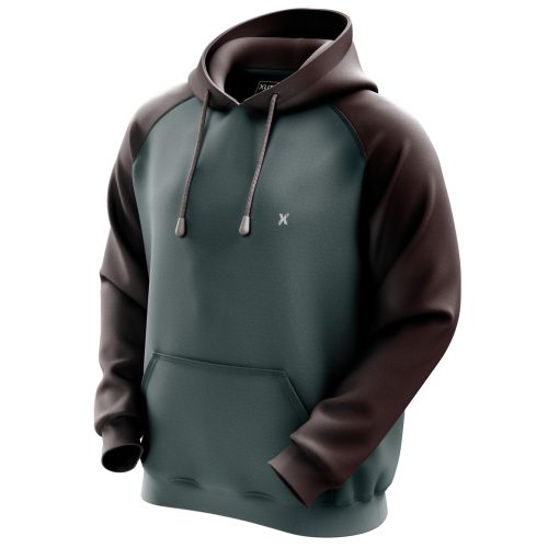 Side angle of branded hoodie by XLITEWEAR in two-tone fleece