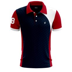 Custom polo shirt front with red collar and number 08 on sleeve