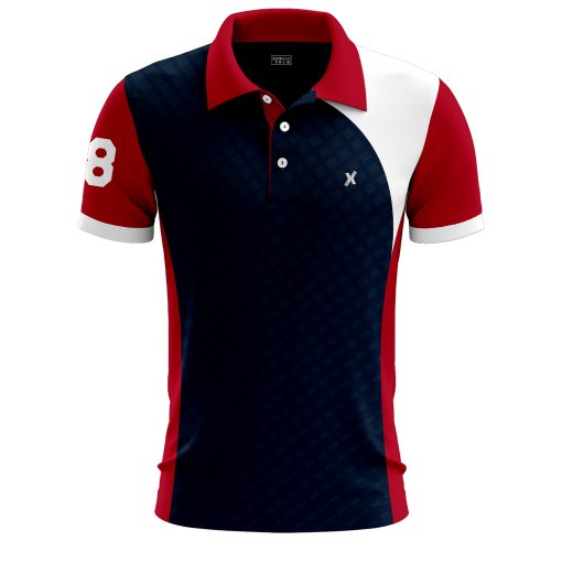Custom polo shirt front with red collar and number 08 on sleeve