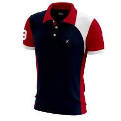 Polo shirt side view – red and navy custom design by XLITEWEAR