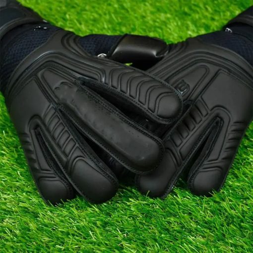 Detailed finger and knuckle pattern of black goalkeeper gloves by XLITEWEAR