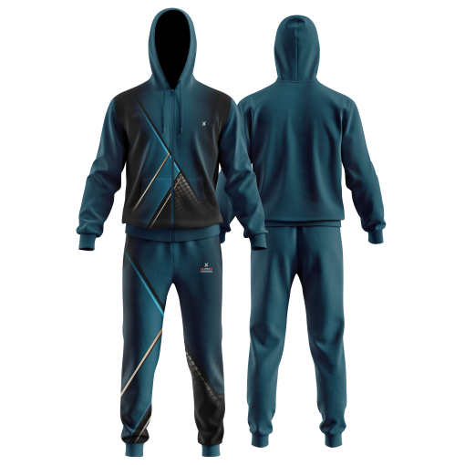 Urban Edge Teal & Black Tracksuit Set – Modern Full-Zip Hoodie & Joggers with Diagonal Panel Design - Image 4