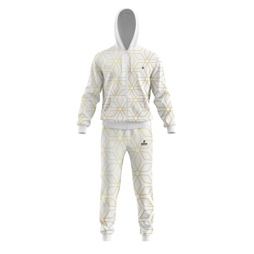 White & Gold Geometric Pattern Tracksuit – Luxe Full-Zip Hoodie and Jogger Set for Bold Urban Elegance