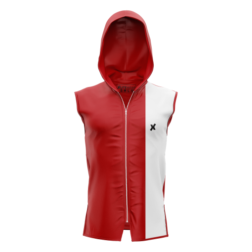 Crimson Edge Sleeveless Hoodie Tank – Dual-Tone Red and White High-Performance Gymwear - Image 3