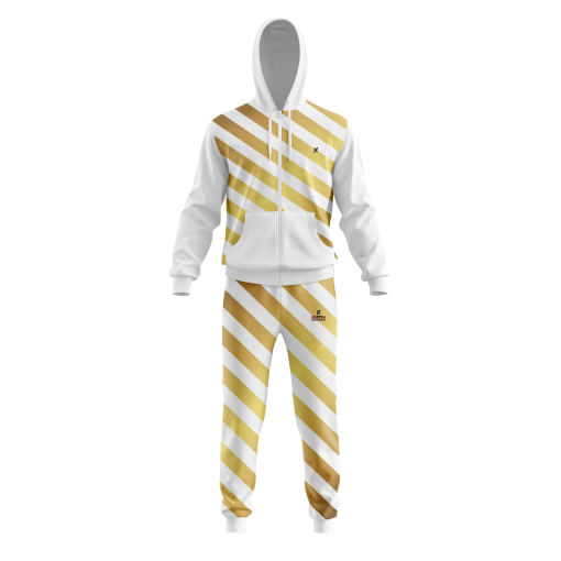 White & Gold Diagonal Stripe Tracksuit – Luxe Style Full-Zip Tracksuit