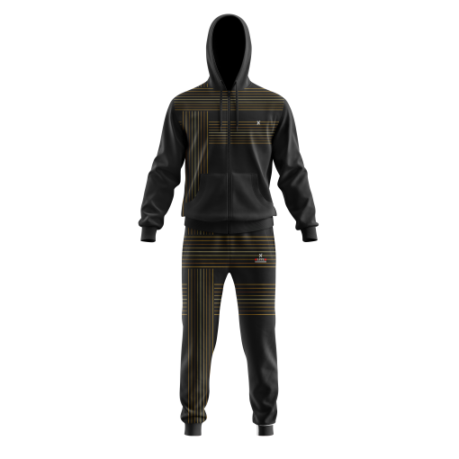 Black Tracksuit with Golden Pinstripe Grid – Full-Zip Hoodie & Joggers Set for Sleek Street Style - Image 3