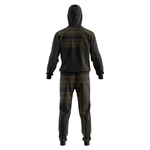 Black Tracksuit with Golden Pinstripe Grid – Full-Zip Hoodie & Joggers Set for Sleek Street Style