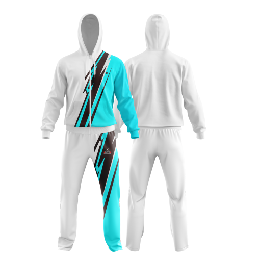 White and Aqua Blue Lightning Bolt Tracksuit with Zipper Hoodie and Jogger Pants - Image 4