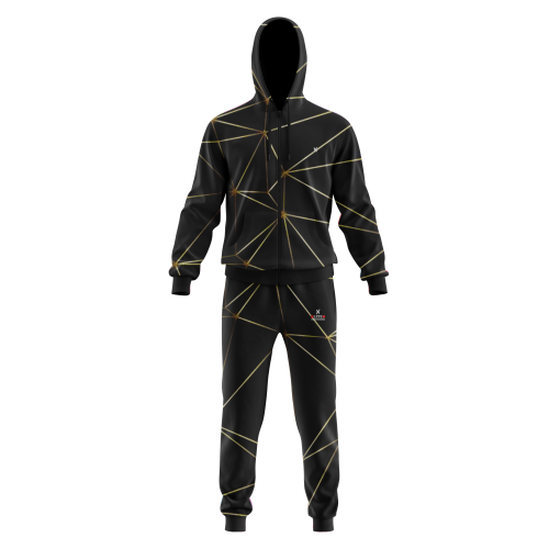 Geometric Gold Grid Black Tracksuit – Modern Full-Zip Hoodie & Jogger Set with Futuristic Line Pattern