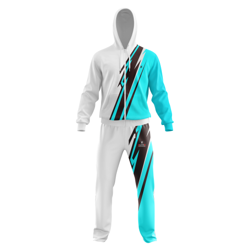 White and Aqua Blue Lightning Bolt Tracksuit with Zipper Hoodie and Jogger Pants