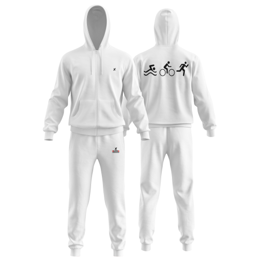 All-White Athletic Tracksuit Set – Full-Zip Hoodie & Joggers with Triathlon Icon Print - Image 4