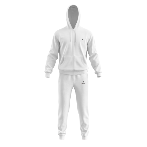 All-White Athletic Tracksuit Set – Full-Zip Hoodie & Joggers with Triathlon Icon Print