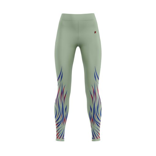 Sage Green Leggings with Multicolor Tribal Flame Graphic for Fitness and Fashion