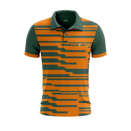 Modern Circuit-Pattern Polo Shirt in Orange & Dark Green – Sleek Techwear-Inspired Athletic Style - Image 3