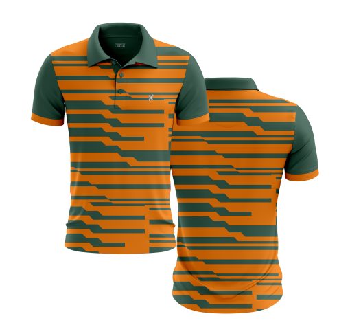 Modern Circuit-Pattern Polo Shirt in Orange & Dark Green – Sleek Techwear-Inspired Athletic Style - Image 4