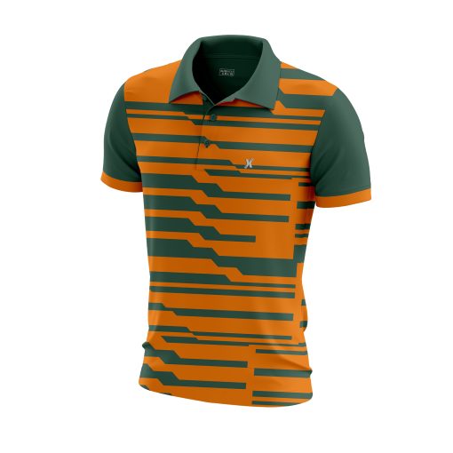 Modern Circuit-Pattern Polo Shirt in Orange & Dark Green – Sleek Techwear-Inspired Athletic Style