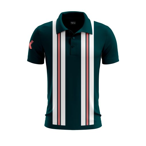 Dark Teal Polo Shirt with Dual Vertical Stripe Panels in White and Coral – Modern Minimalist Sport Style - Image 3
