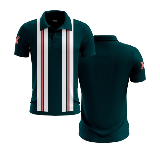 Dark Teal Polo Shirt with Dual Vertical Stripe Panels in White and Coral – Modern Minimalist Sport Style - Image 4