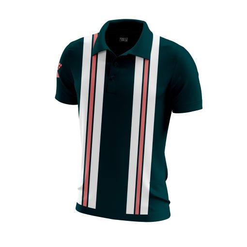 Dark Teal Polo Shirt with Dual Vertical Stripe Panels in White and Coral – Modern Minimalist Sport Style