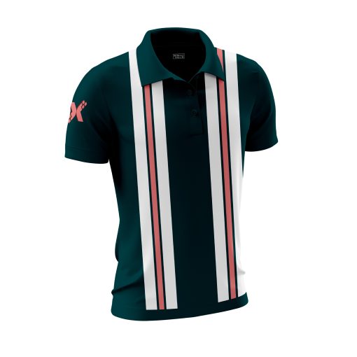 Dark Teal Polo Shirt with Dual Vertical Stripe Panels in White and Coral – Modern Minimalist Sport Style - Image 6
