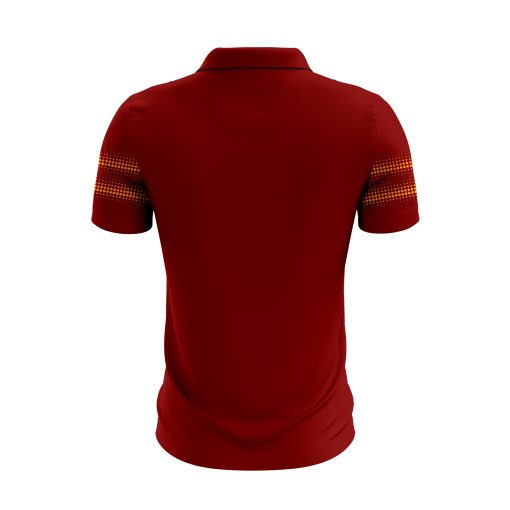 Deep Red Polo Shirt with Yellow Pixel Stripe Accents – Retro Grid Inspired Design - Image 2