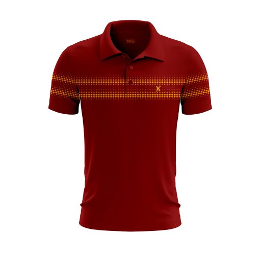 Deep Red Polo Shirt with Yellow Pixel Stripe Accents – Retro Grid Inspired Design - Image 3