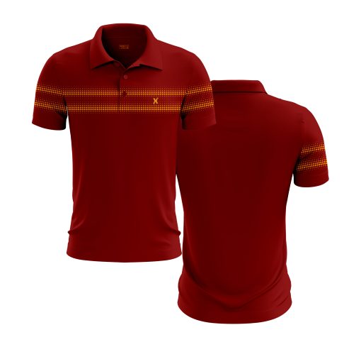 Deep Red Polo Shirt with Yellow Pixel Stripe Accents – Retro Grid Inspired Design - Image 4