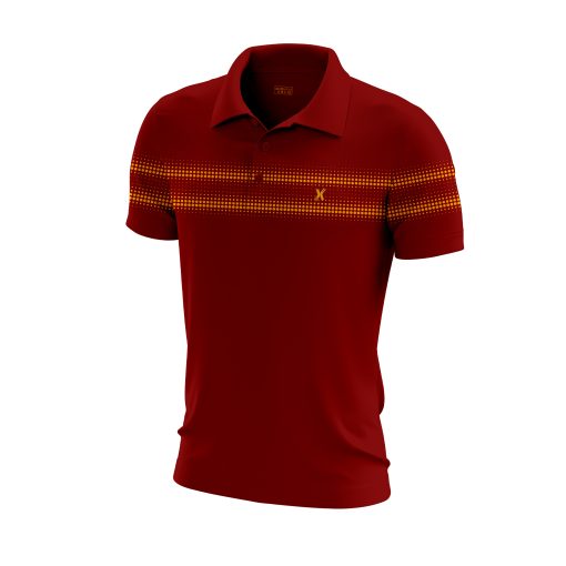 Deep Red Polo Shirt with Yellow Pixel Stripe Accents – Retro Grid Inspired Design
