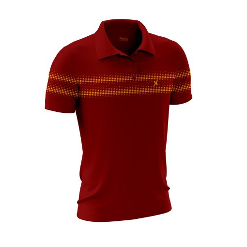 Deep Red Polo Shirt with Yellow Pixel Stripe Accents – Retro Grid Inspired Design - Image 6