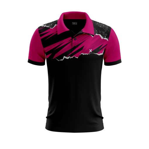 Black & Magenta Polo Shirt – Urban Edge with Bold Brush Strokes and Mountain Silhouette - Image 3