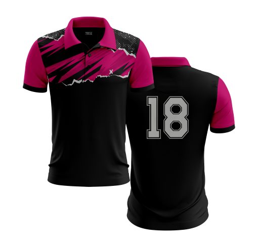 Black & Magenta Polo Shirt – Urban Edge with Bold Brush Strokes and Mountain Silhouette - Image 4