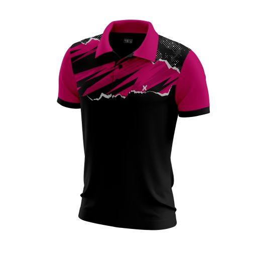 Black & Magenta Polo Shirt – Urban Edge with Bold Brush Strokes and Mountain Silhouette