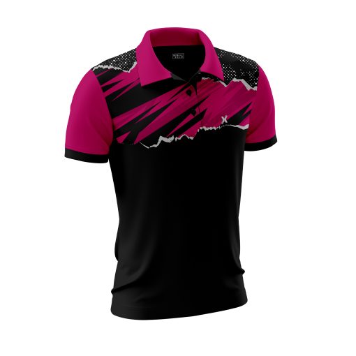 Black & Magenta Polo Shirt – Urban Edge with Bold Brush Strokes and Mountain Silhouette - Image 6