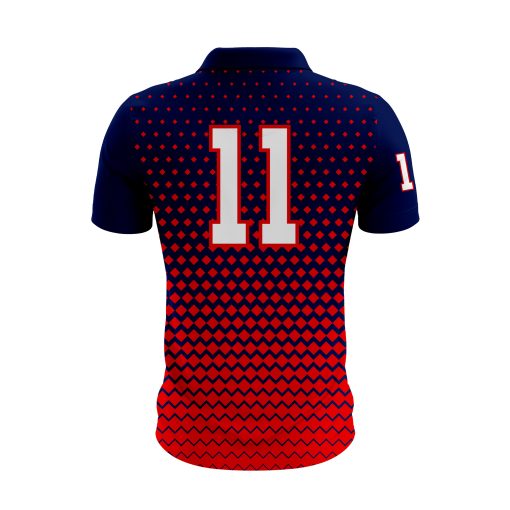 Navy & Red Polo Shirt – Gradient Diamond Pattern with Sporty Number Detail - Image 2